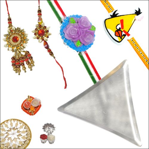 Silver Puja Thali with Sweets & 4 Rakhi Set 05
